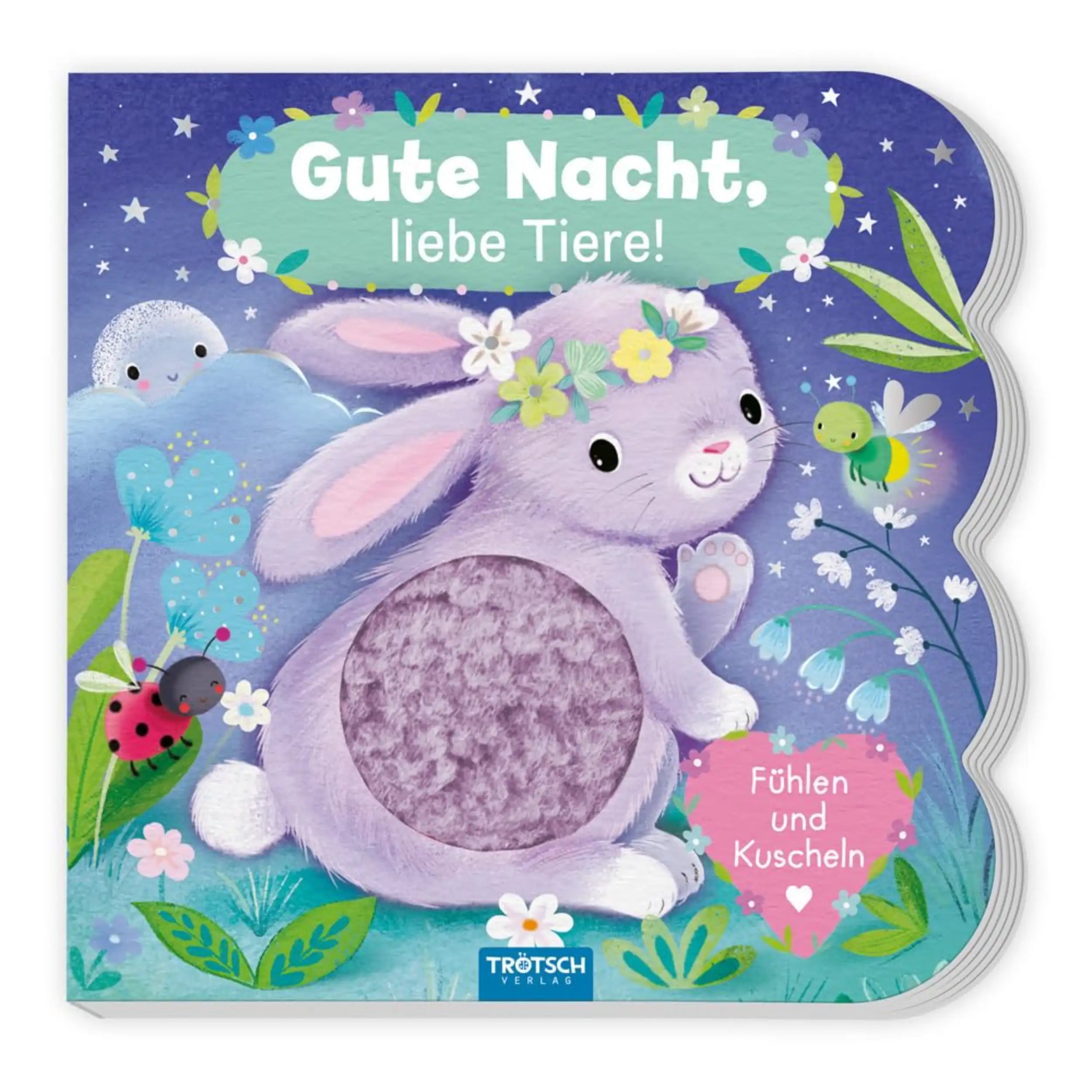 TROTSCH children's book cover features a purple bunny with flowers, set against a starry night sky and grassy background.