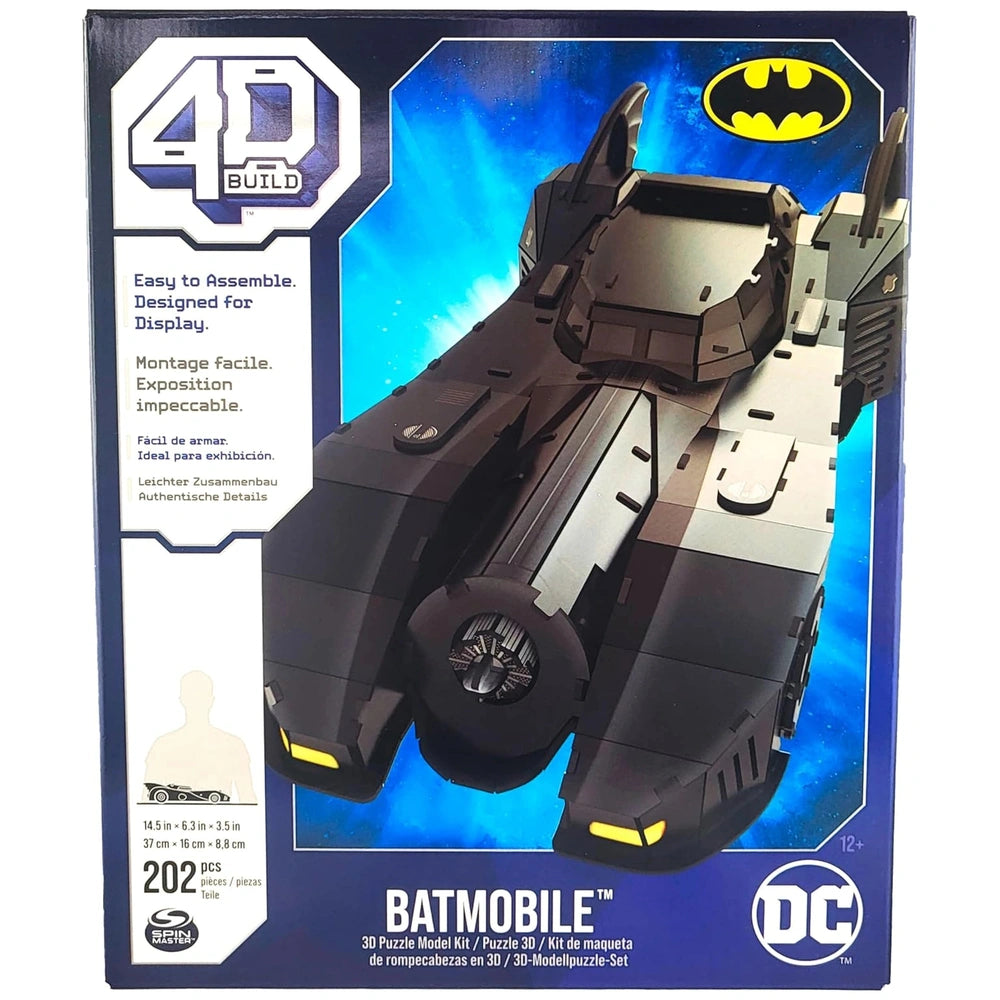 4D Build DC Batman Retro Batmobile 3D Puzzle Model Kit features a sleek black toy Batmobile in blue packaging with yellow acc