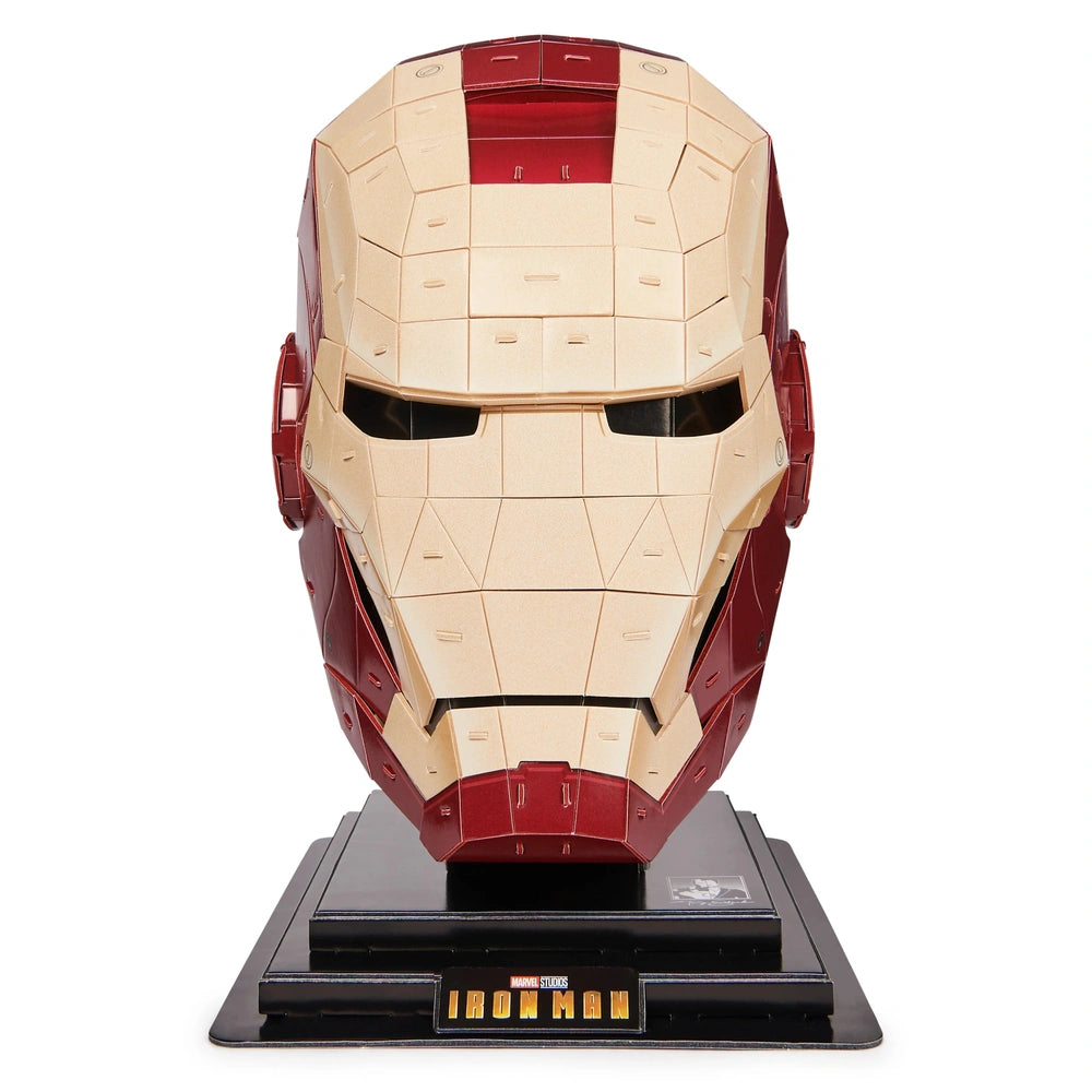 4D Build Marvel Iron Man 3D puzzle model kit features a detailed red and gold helmet on a black base against a white backgrou