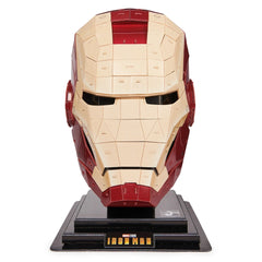 4D Build Marvel Iron Man 3D puzzle model kit features a detailed red and gold helmet on a black base against a white backgrou