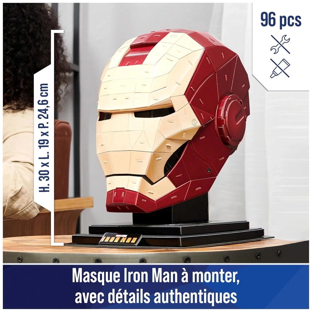 4D Build Marvel Iron Man 3D puzzle model kit features a detailed red and white mask on a contrasting black stand.