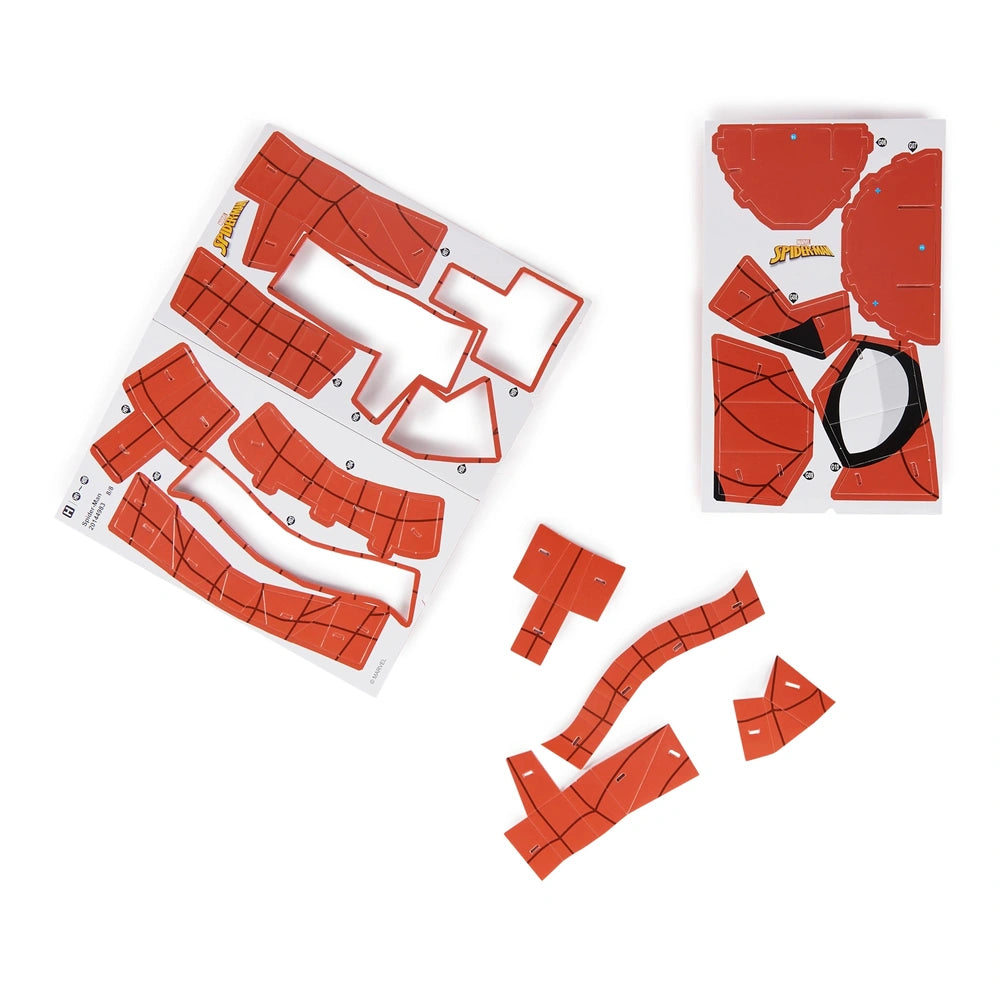 4D Build Marvel Spider-Man 3D puzzle model kit featuring red and white plastic pieces in various shapes on a white background