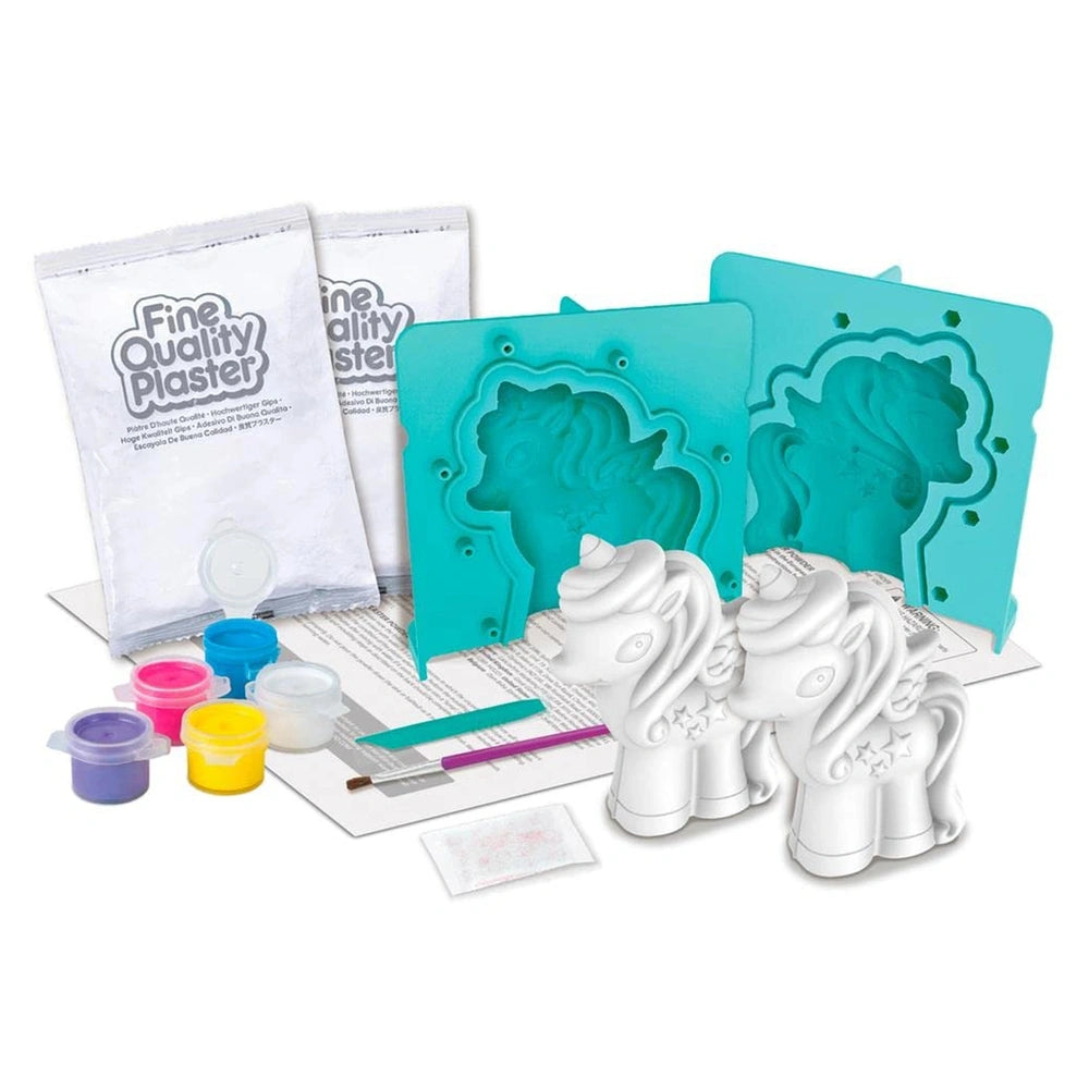 4M 3D Mould & Paint Glitter Unicorns kit featuring glossy plastic molds in various colors and white paper for crafting.