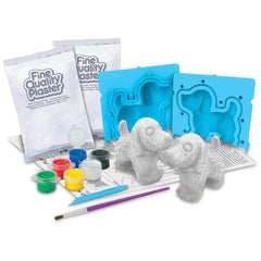 3D Mould & Paint Puppy Dogs set featuring gray plastic dog figurines, various colored paint containers, and a purple paintbru