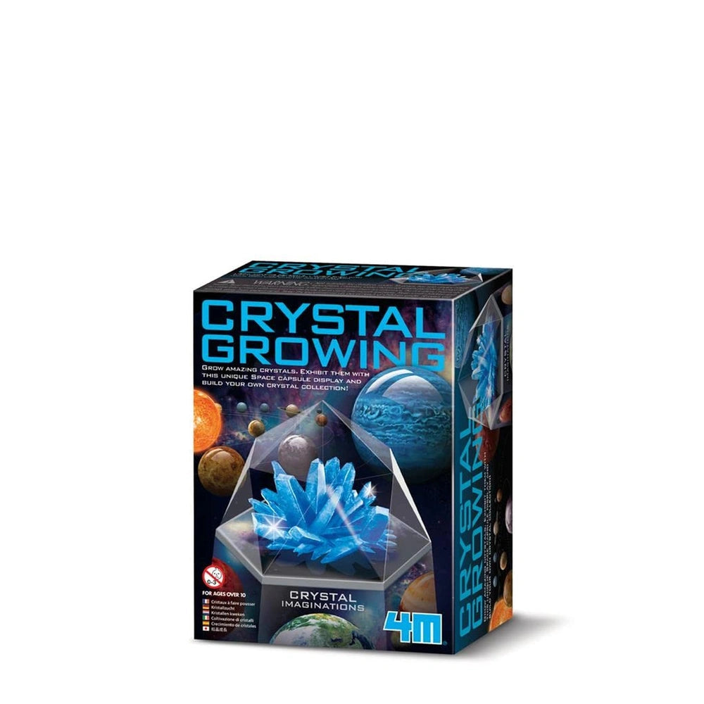 4M Crystal Growing Blue Edition toy playset with glossy blue packaging, transparent window, and age recommendation for 10+.