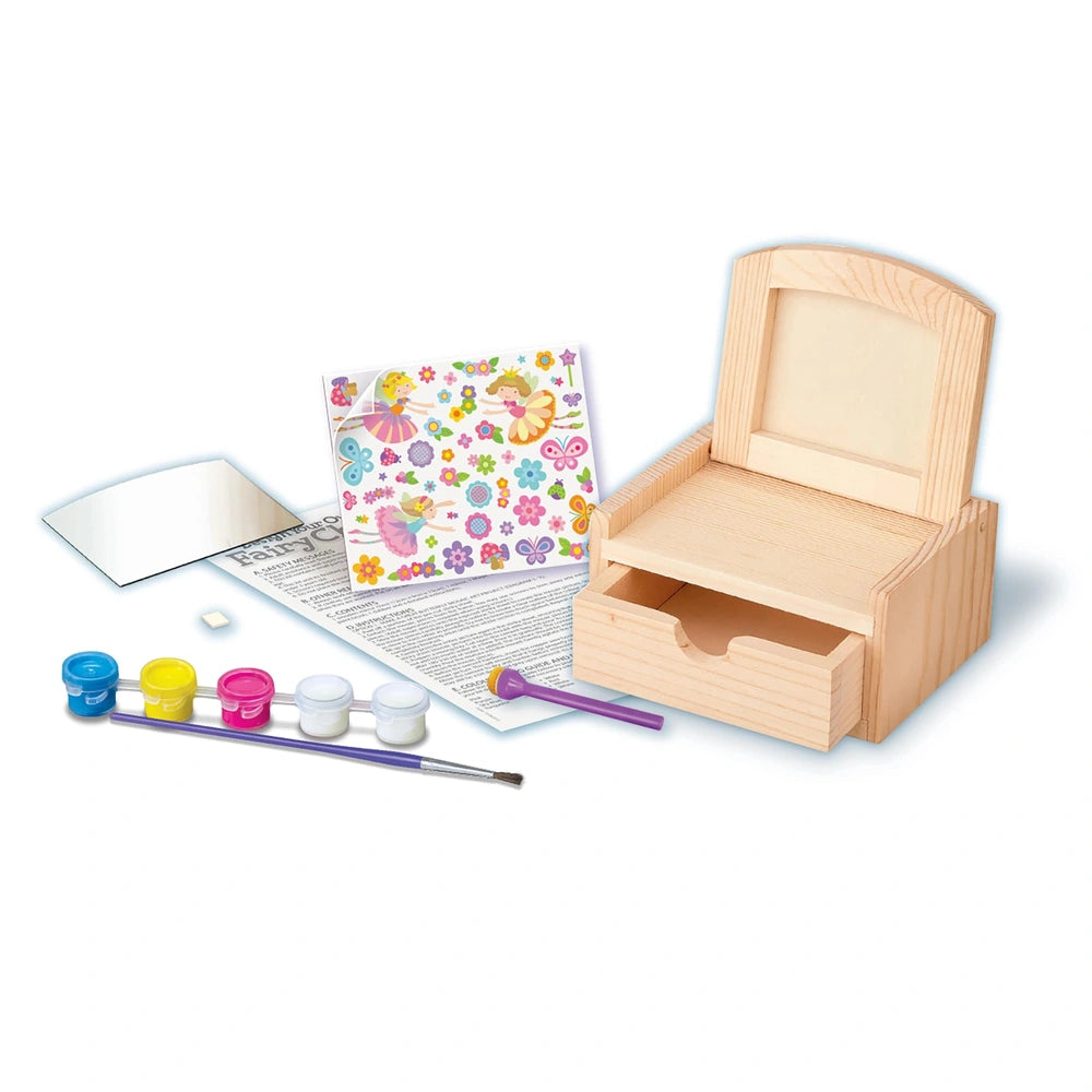 4M Design Your Own Fairy Chest featuring a wooden box, colorful paper, and multiple plastic trays with lids and handles.