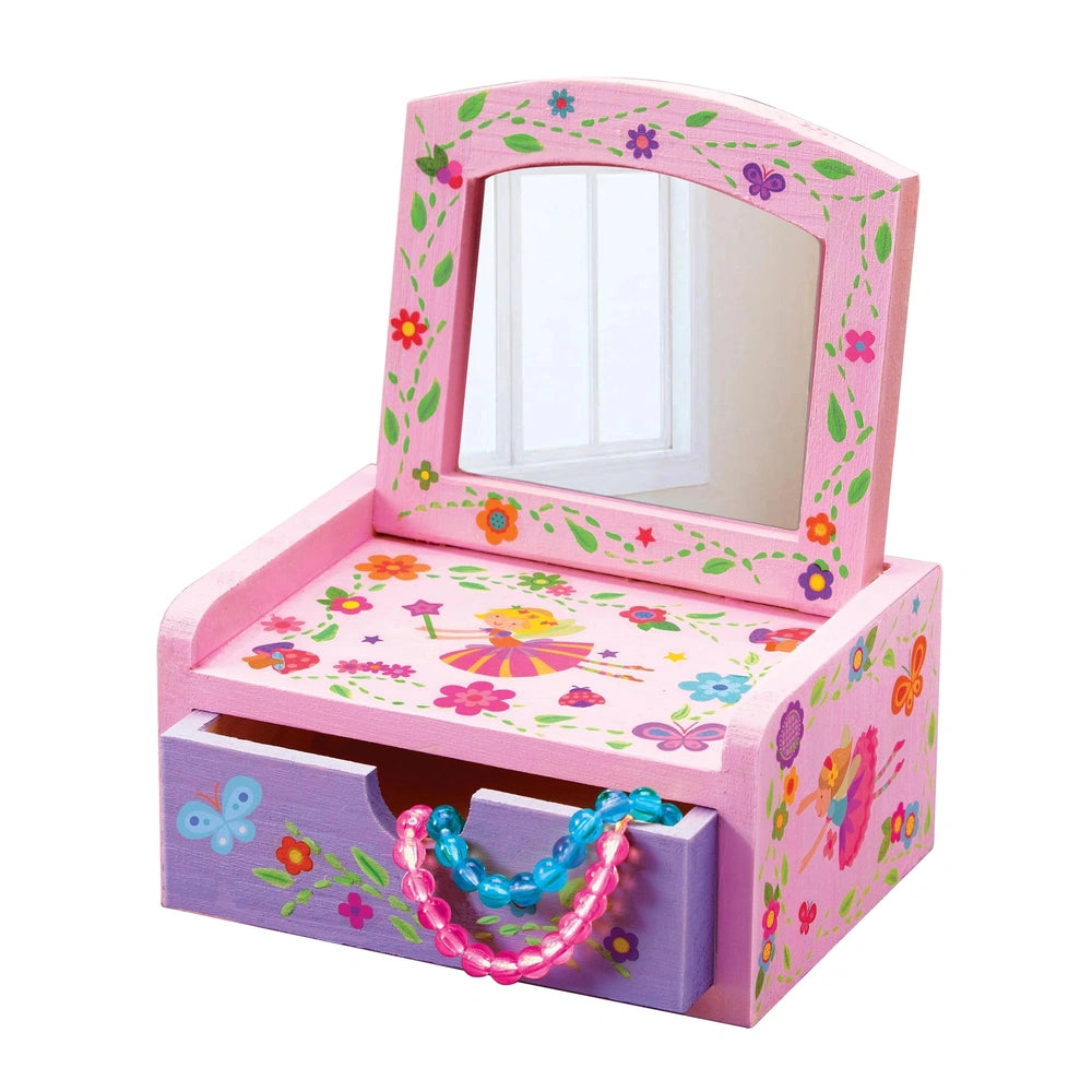 4M Design Your Own Fairy Chest in pink with floral designs, open lid, green mirror frame, and butterfly decoration.