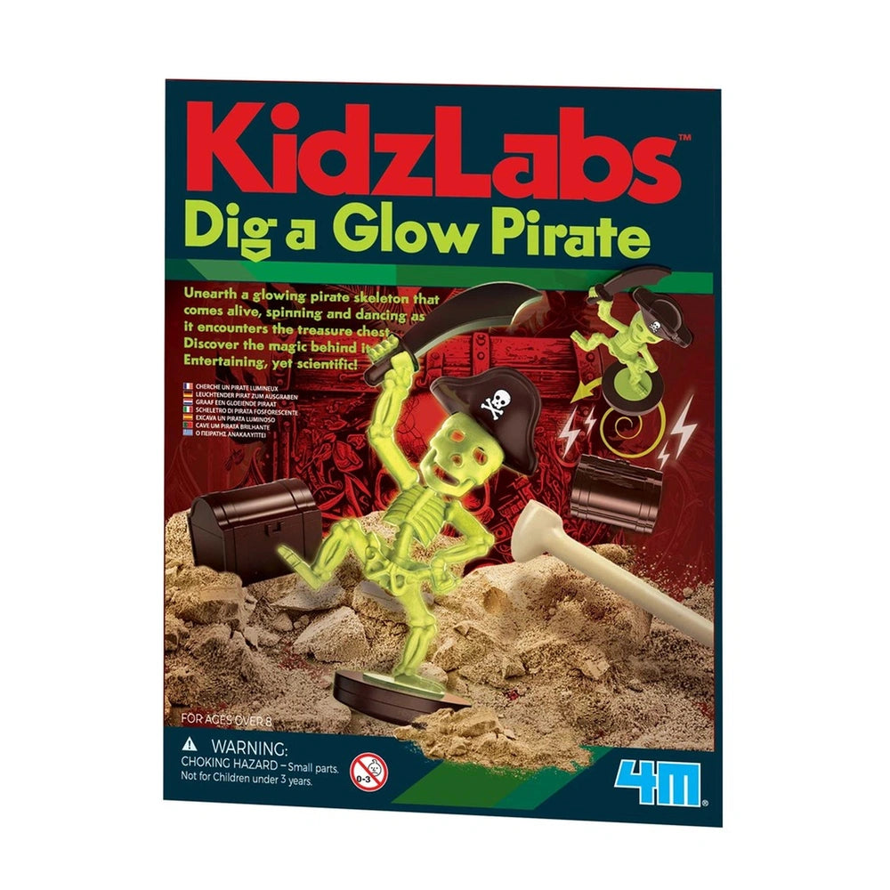 4M KidzLabs Dig Glow Pirate toy playset packaging features a skeleton, shovel, treasure chest, and pirate hat on a red backgr