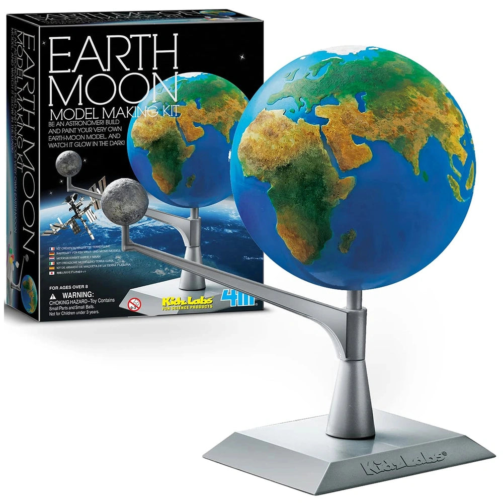 4M KidzLabs Earth Moon model making kit in a glossy cardboard box with blue and green model, includes 48 pieces for education