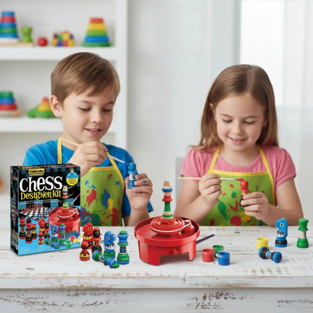 KidzLabs Gamemaker Chess Designer Kit featuring children in colorful aprons, playing with a vibrant plastic chess set on a wh