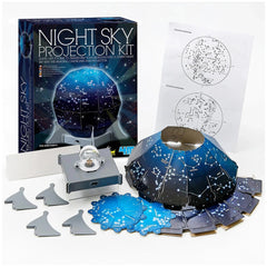 KidzLabs Night Sky Projection Kit features a dome with illuminated blue stars, a silver projector on a gray stand, and blue s