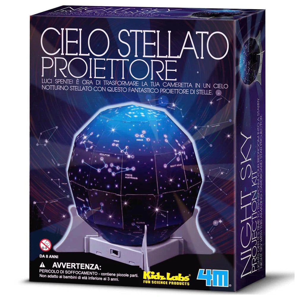4M KidzLabs Night Sky Projection Kit packaging features a starry design with white, yellow, and blue text on glossy cardboard