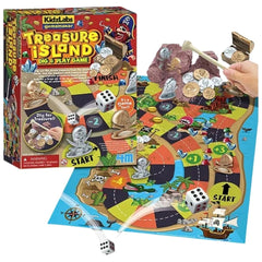 KidzLabs Treasure Island Dig & Play Game packaging features a colorful design with a game board, dice, coins, and instruction