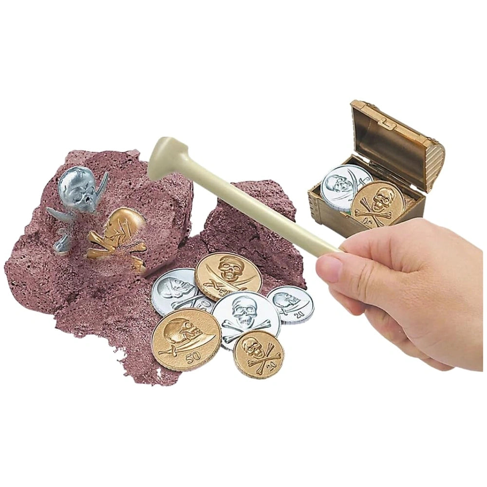 KidzLabs Treasure Island Dig & Play Game features a silver skull, gold coins, and a brown container in a centered layout.