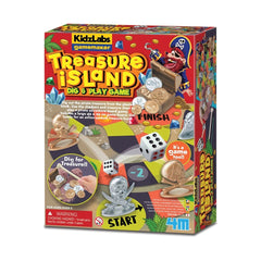 KidzLabs Treasure Island Dig & Play Game packaging features a pirate, coins, dice, and a glossy red background with vibrant g