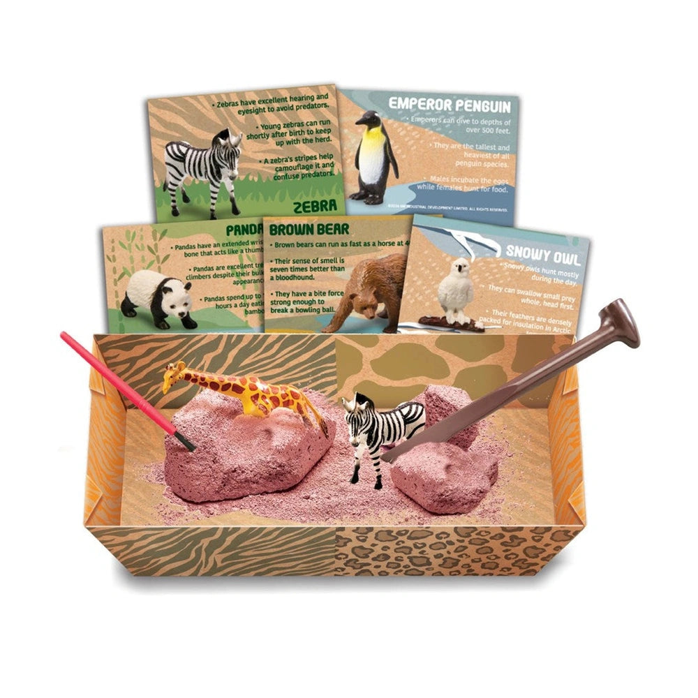 4M KidzLabs Wildlife Animals Digging Kit box featuring zebra and panda figurines with brown and orange stripes and pink sand.