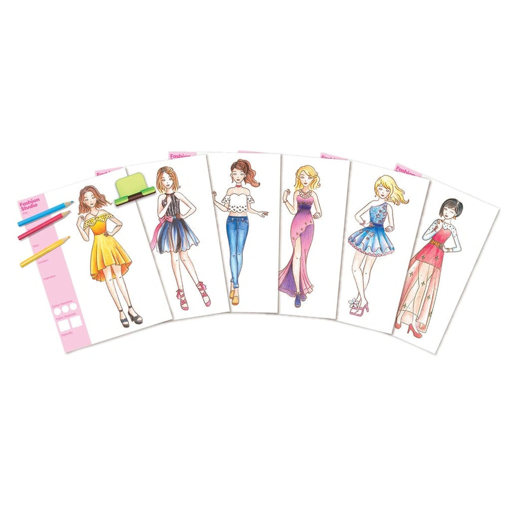 4M KidzMaker My Design Portfolio features colorful illustrations of female figures in dresses, surrounded by various colorful