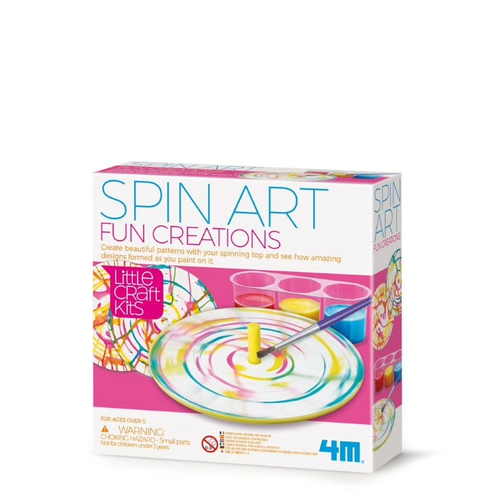 4M Spin Art kit in glossy cardboard packaging features a yellow-centered spinner and colorful swirl patterns on a plate.