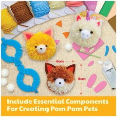 4M Make Your Own Pom Pom kit featuring colorful fabric and plastic components on a textured fabric background.