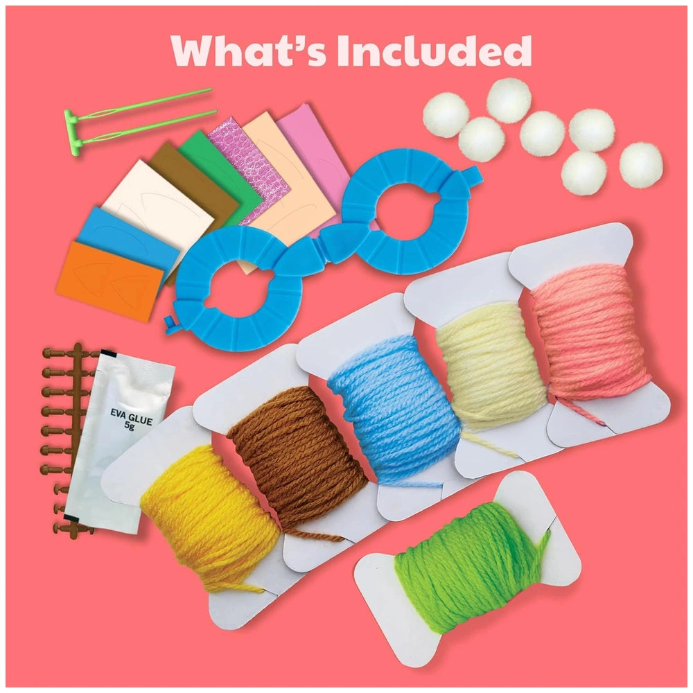 4M Make Your Own Pom Pom kit featuring 5 colorful yarn spools, clothespins, rings, and balls in plastic packaging.