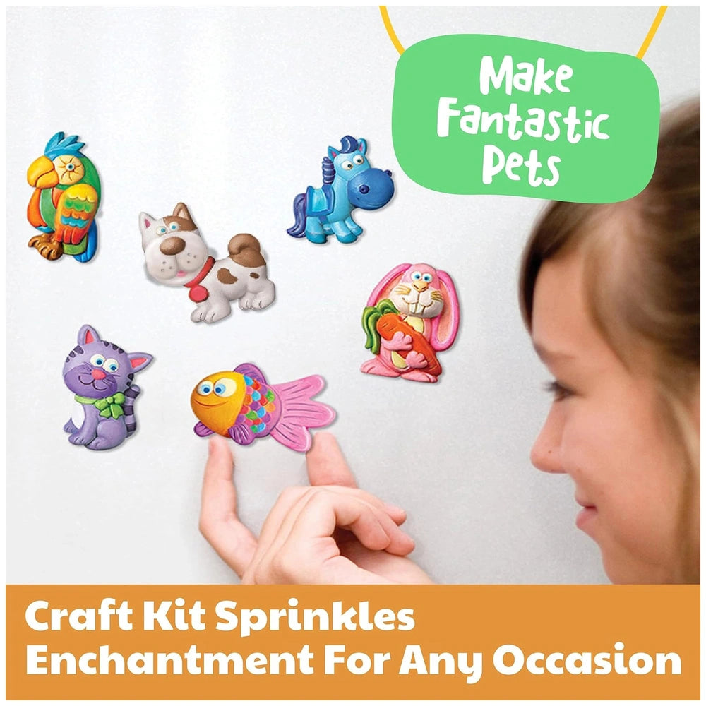 4M Mould & Paint Cute Pets kit features vibrant cartoon-style animal magnets scattered on a light-colored surface.
