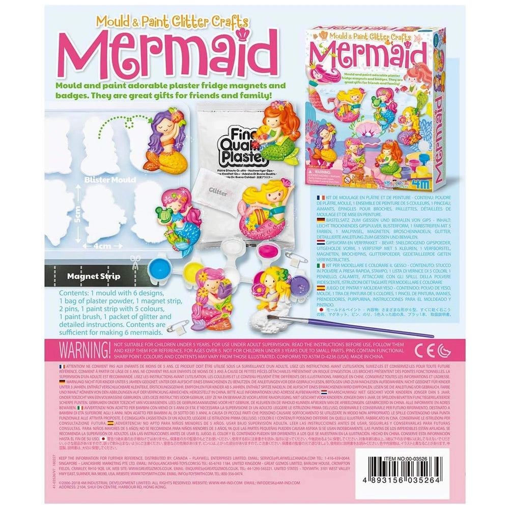 4M Mould & Paint Mermaid craft kit featuring a colorful packaging with mermaid character and instructions for making magnets.