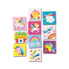 4M Unicorns Mini Tile Arts features colorful unicorns in yellow, pink, blue, and purple with rainbow manes arranged in a grid