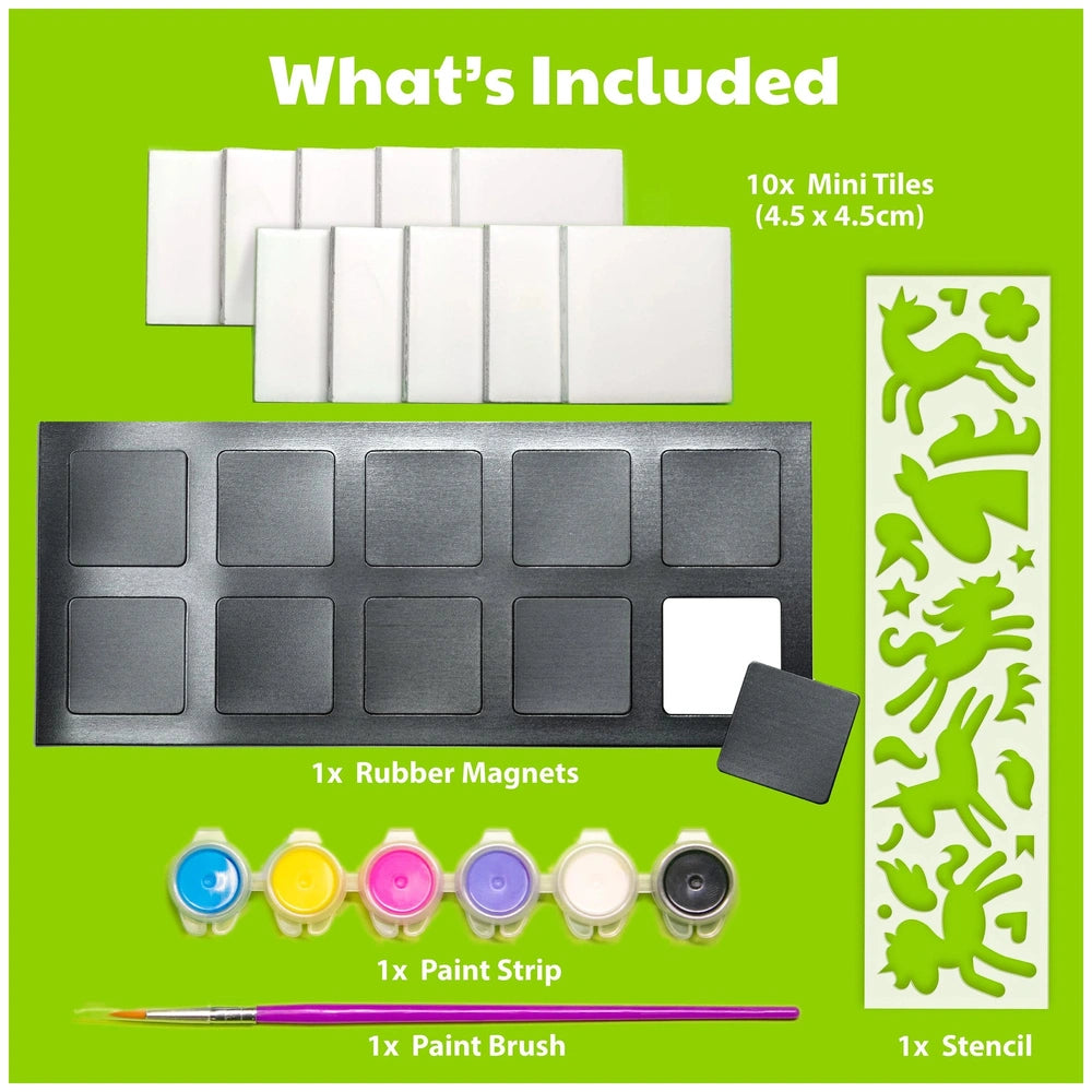 4M Unicorns Mini Tile Arts kit featuring 10 white tiles, a purple-handled brush, magnets, and a paint strip for crafts.