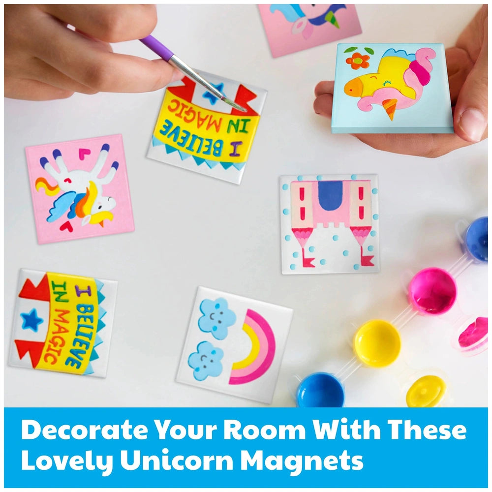 Unicorns Mini Tile Arts features colorful magnetic unicorn, castle, rainbow, heart, star, and cloud magnets with decorative t