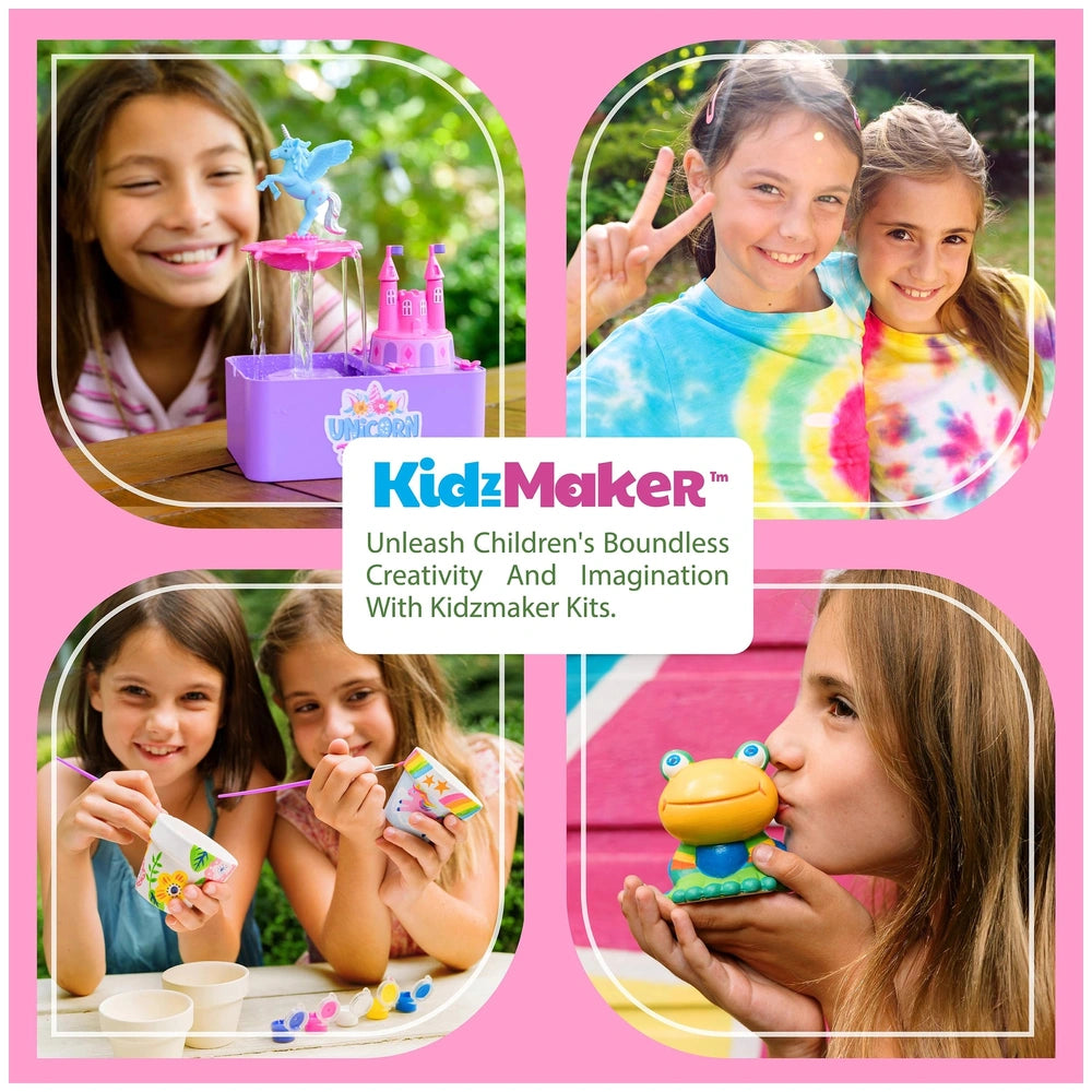 4M Unicorns Mini Tile Arts featuring children interacting with colorful toys outdoors, including a unicorn fountain and frog 