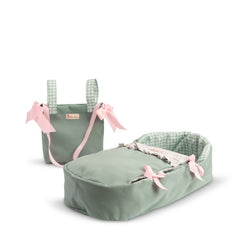 Mint green doll carrycot and bag set with pink bows and gingham interior.