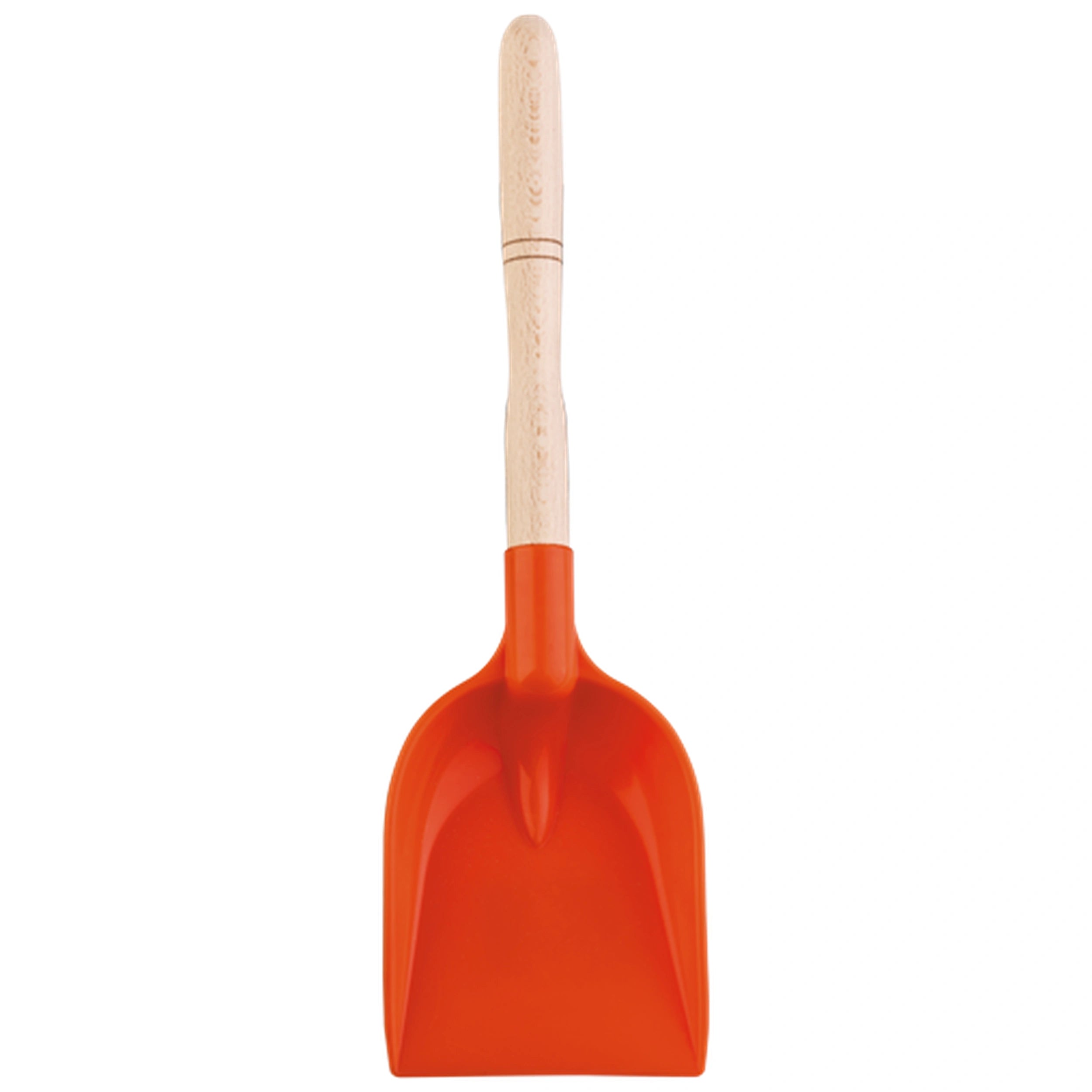 Orange plastic shovel with a sturdy wooden handle, 36 cm long, designed for beach and sand play.