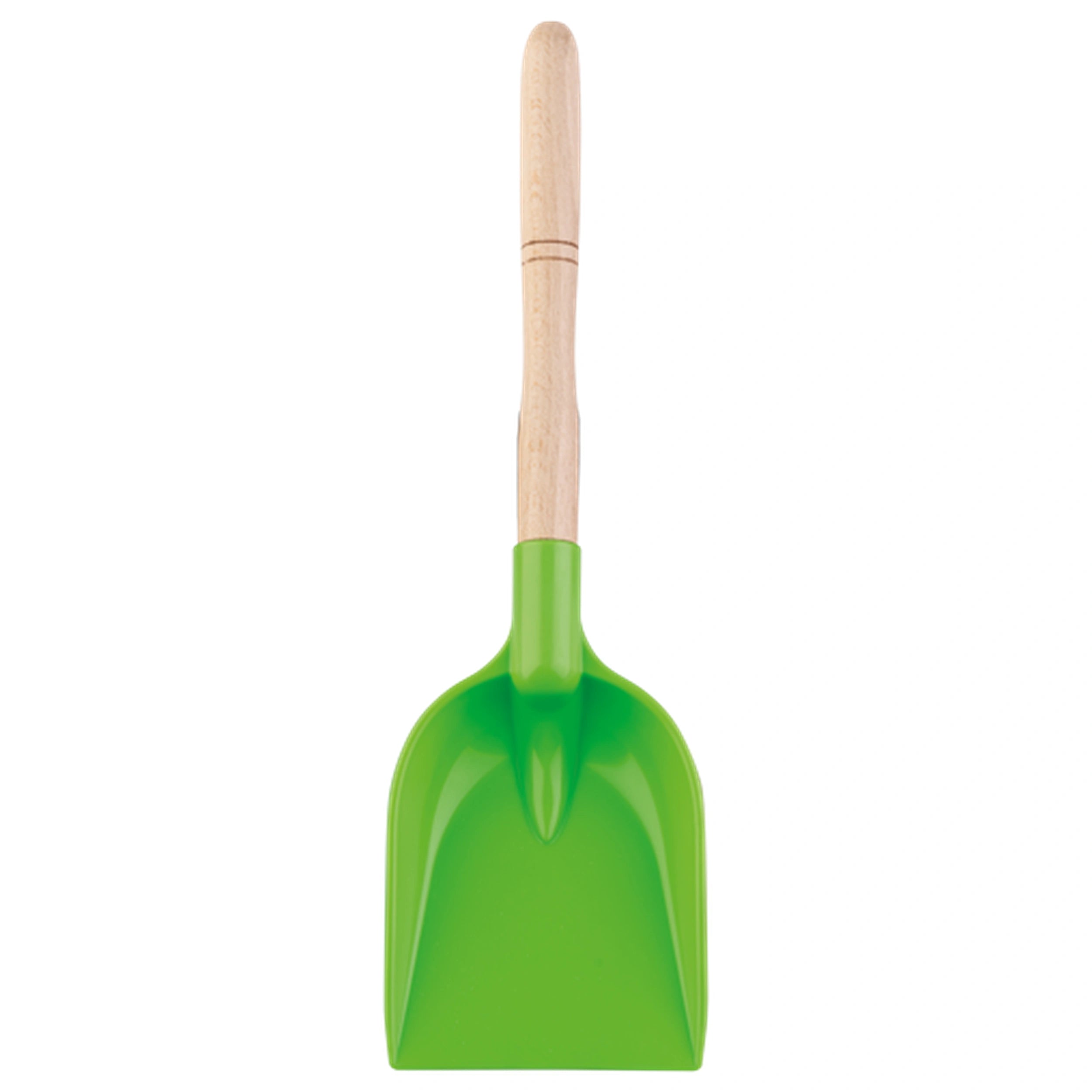 Green plastic shovel with wooden handle, 36 cm long, by Androni, ideal for beach play.