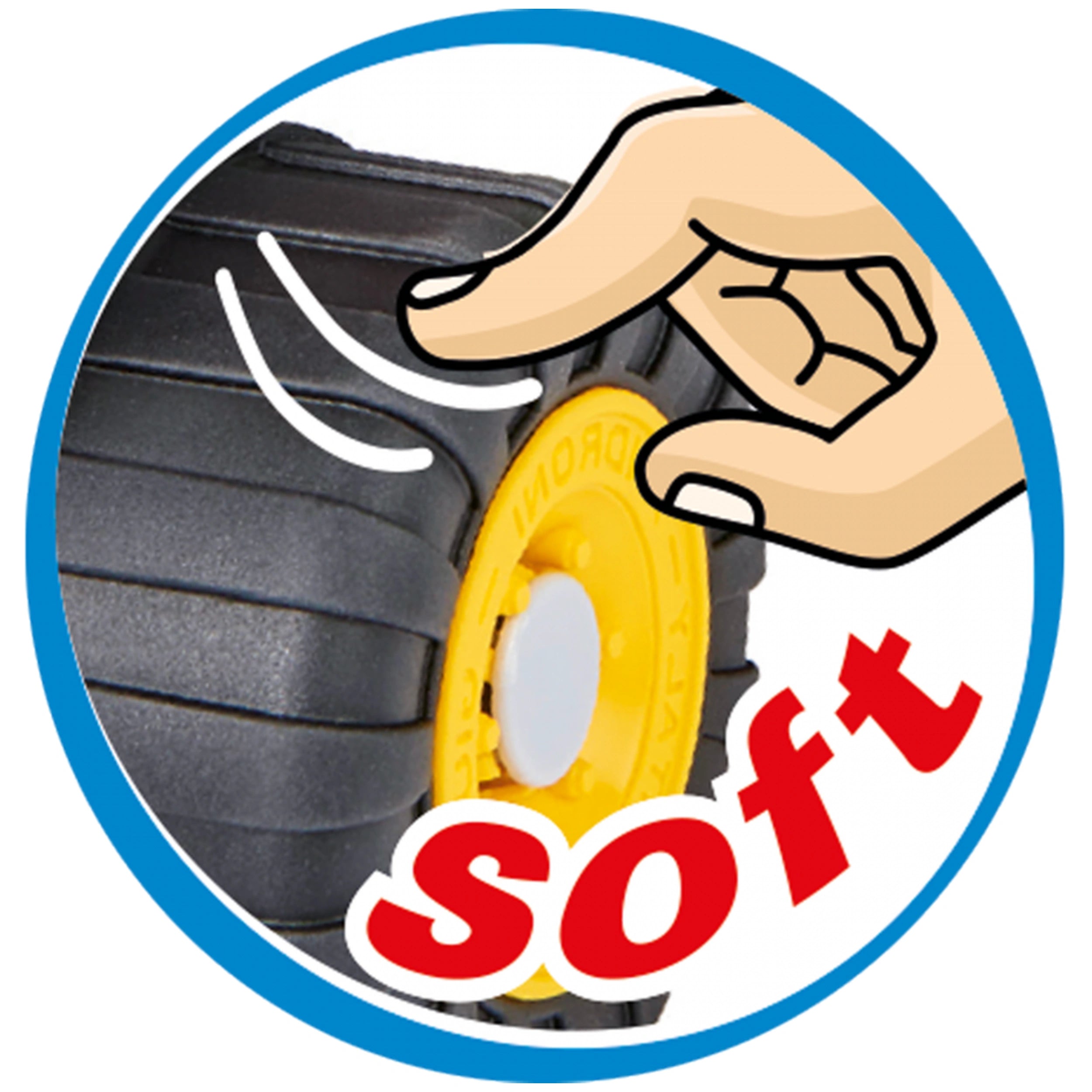 Soft rubber wheel of an Androni pickup truck being pressed by a hand illustration, emphasizing flexibility.