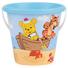 Cheerful cartoon bear and tiger on a boat decorate the blue 17 cm beach bucket. Perfect for imaginative sand play.