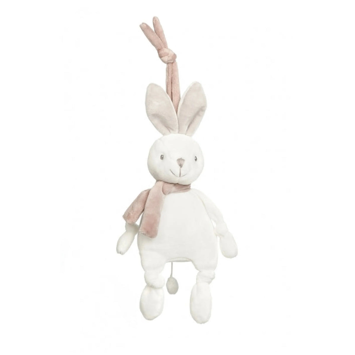 Soft beige rabbit plush carillon with long ears and gentle scarf, perfect for soothing infants and enhancing nursery decor.