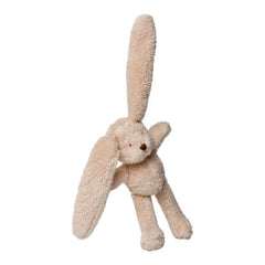 Fluffy beige rabbit rattle with long ears and simple face, ideal for infants.