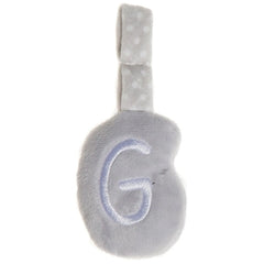 Soft grey plush letter G with light stitching and a loop for hanging.