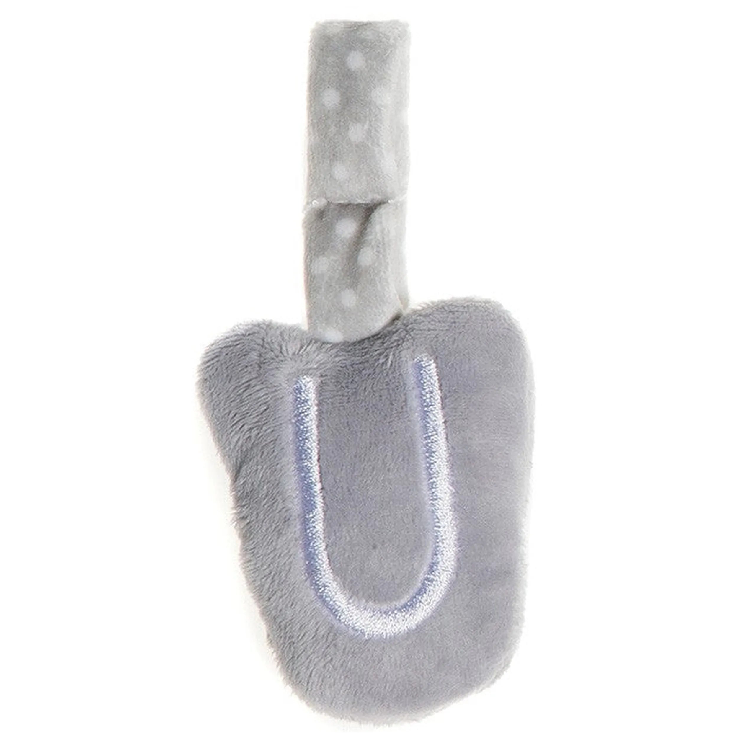 Grey plush letter "U" with white polka dots on a soft beige strap, ideal for children's playrooms.