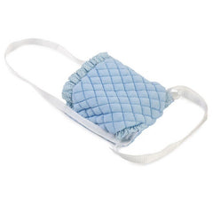 Blue quilted doll carrier with white stars, featuring white straps, designed for children to carry dolls comfortably.