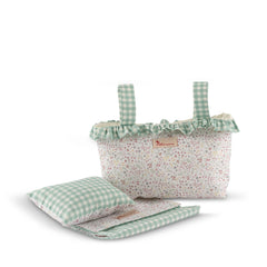 Green gingham and floral fabric doll stroller cover set with ruffled edge and matching pillow.