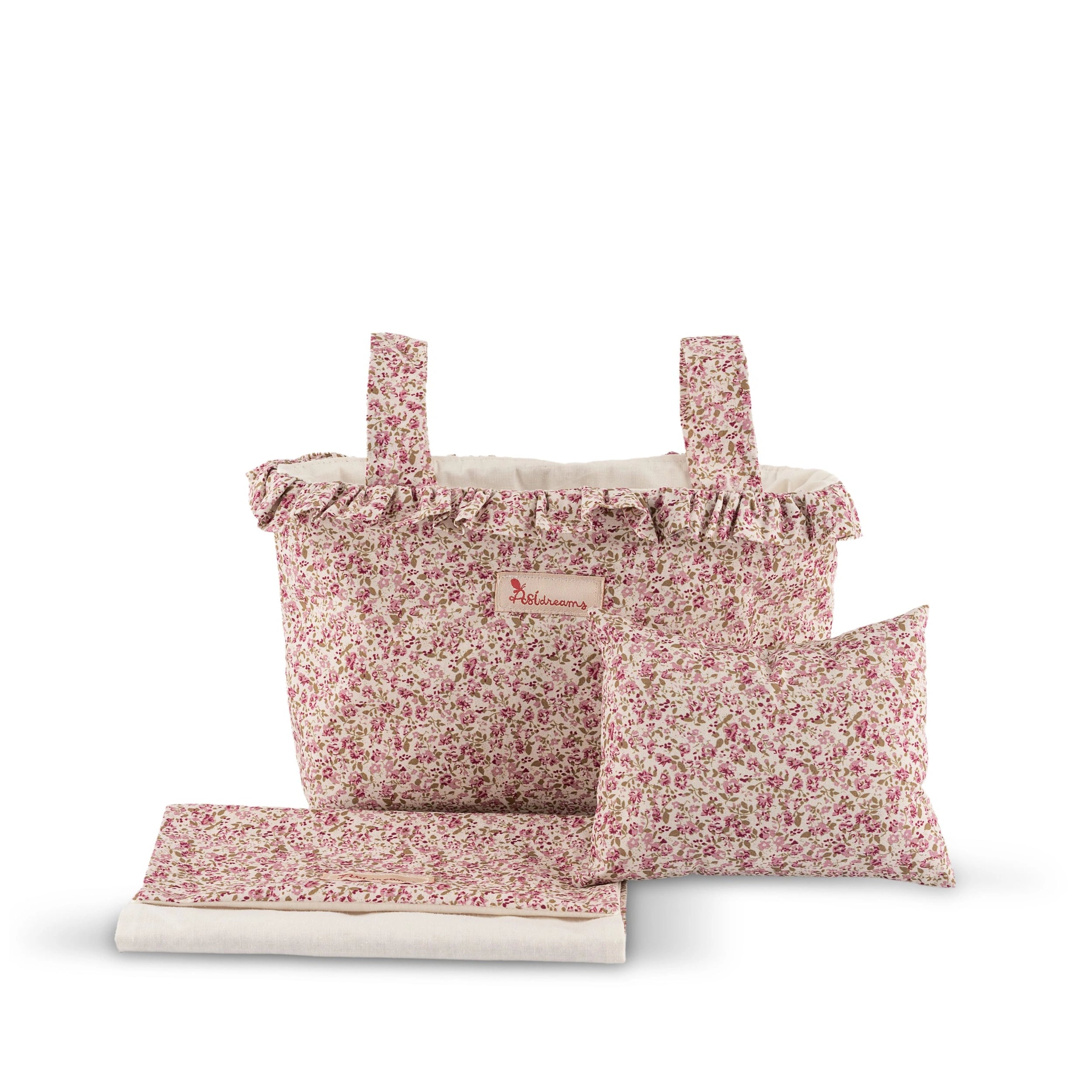 Floral-patterned diaper bag set with pillow and sheet, designed for ASI Dolls Martina Swing Stroller.