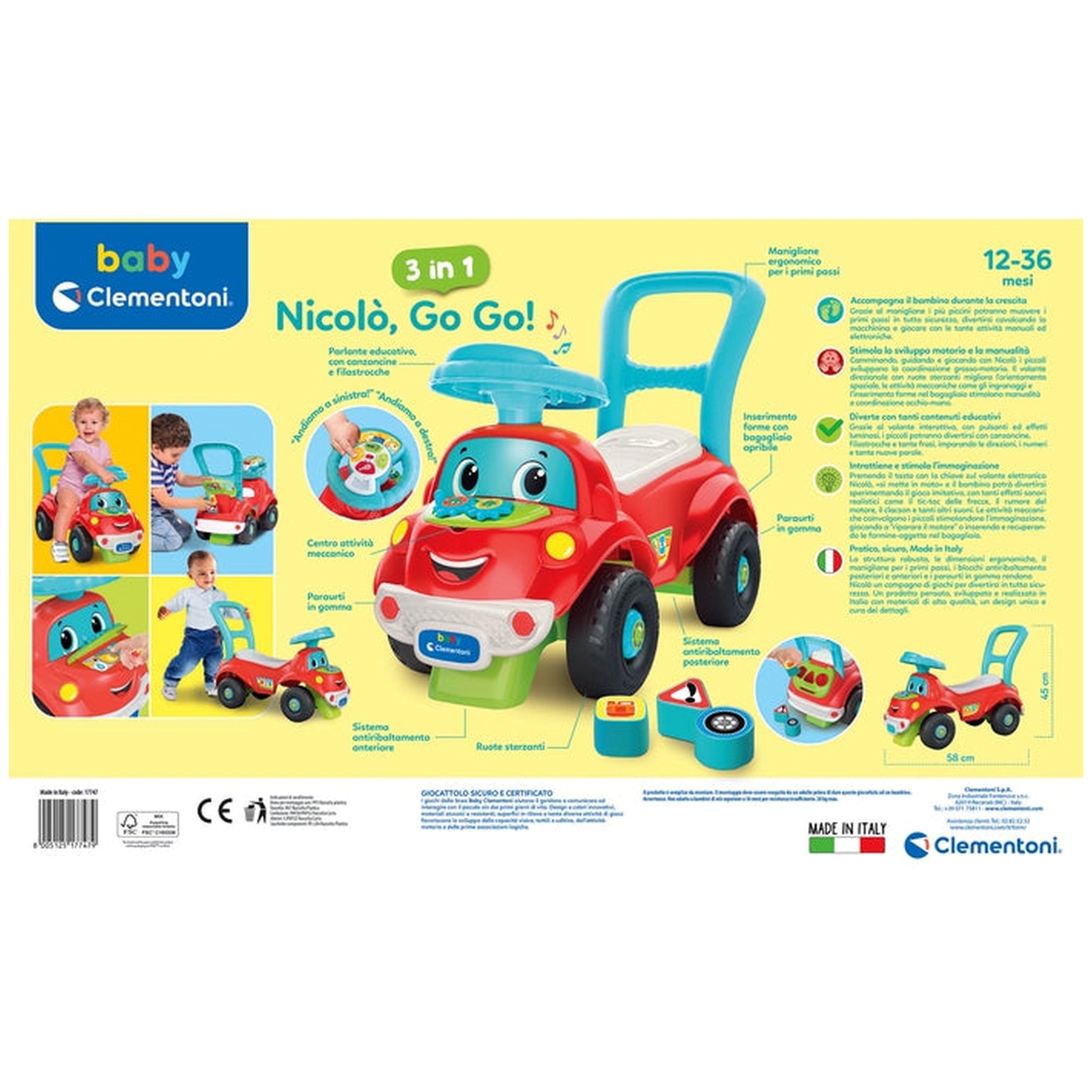 Baby Clementoni - Nicolo Go Go 3 en 1 Jouets à chevaucher - Édition italienne