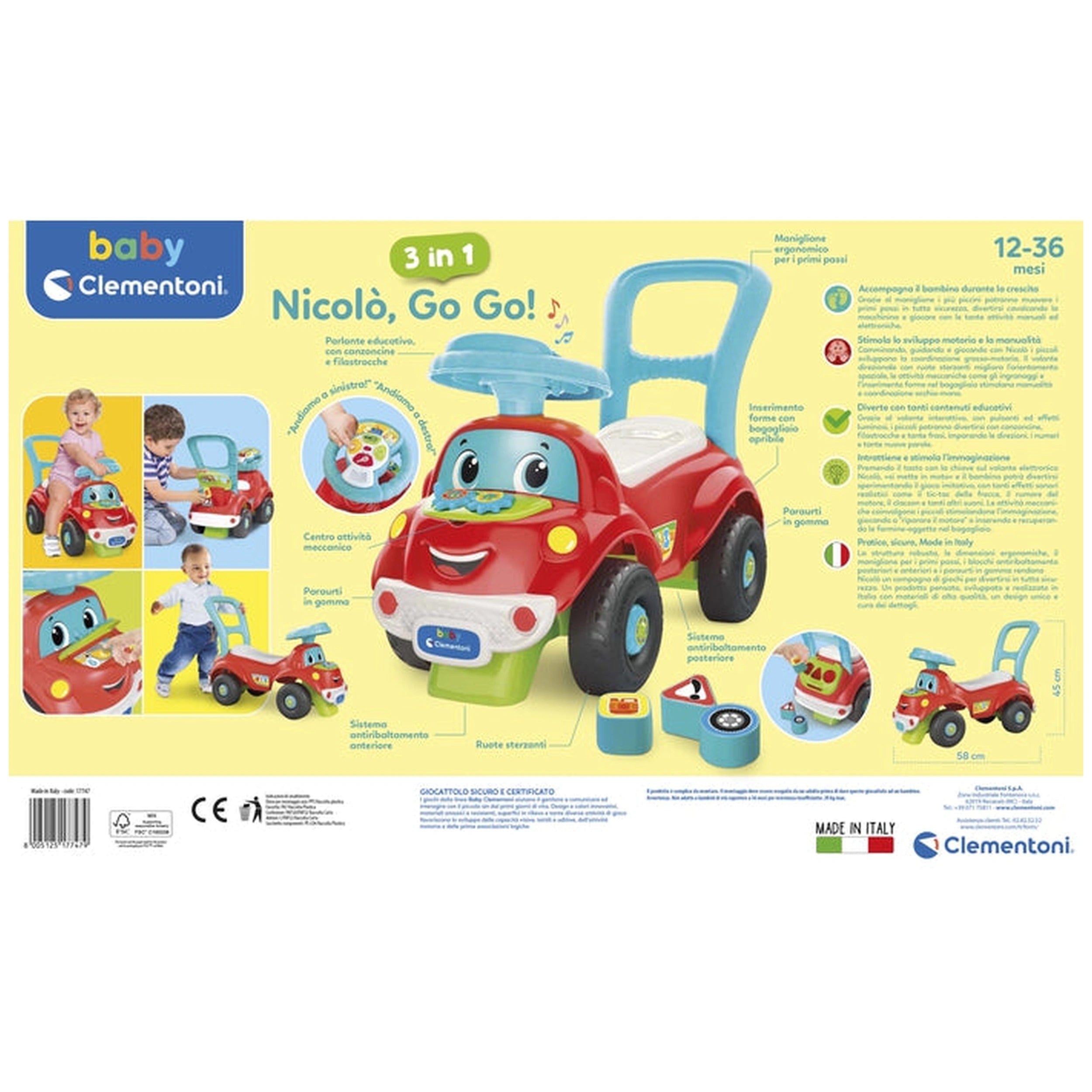 Baby Clementoni - Nicolo Go Go 3 en 1 Jouets à chevaucher - Édition italienne