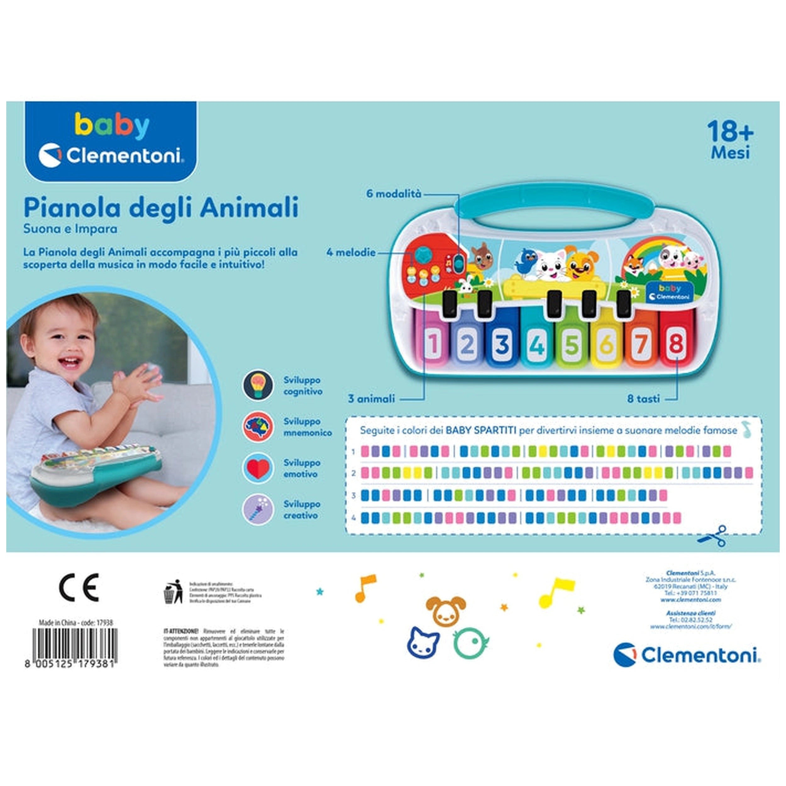 Baby Clementoni - Pianola des Animaux Sonore et Apprends Jouets d'Activité pour Bébé - Édition Italienne