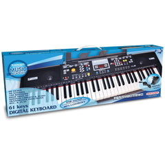 Bontempi 61-Key Digital Keyboard box with USB, rhythms, and MP3 controls, displayed against a white backdrop.
