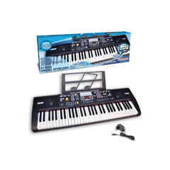Bontempi 61-key digital keyboard with sheet music holder and power adapter, featuring a user-friendly display and vibrant keys.