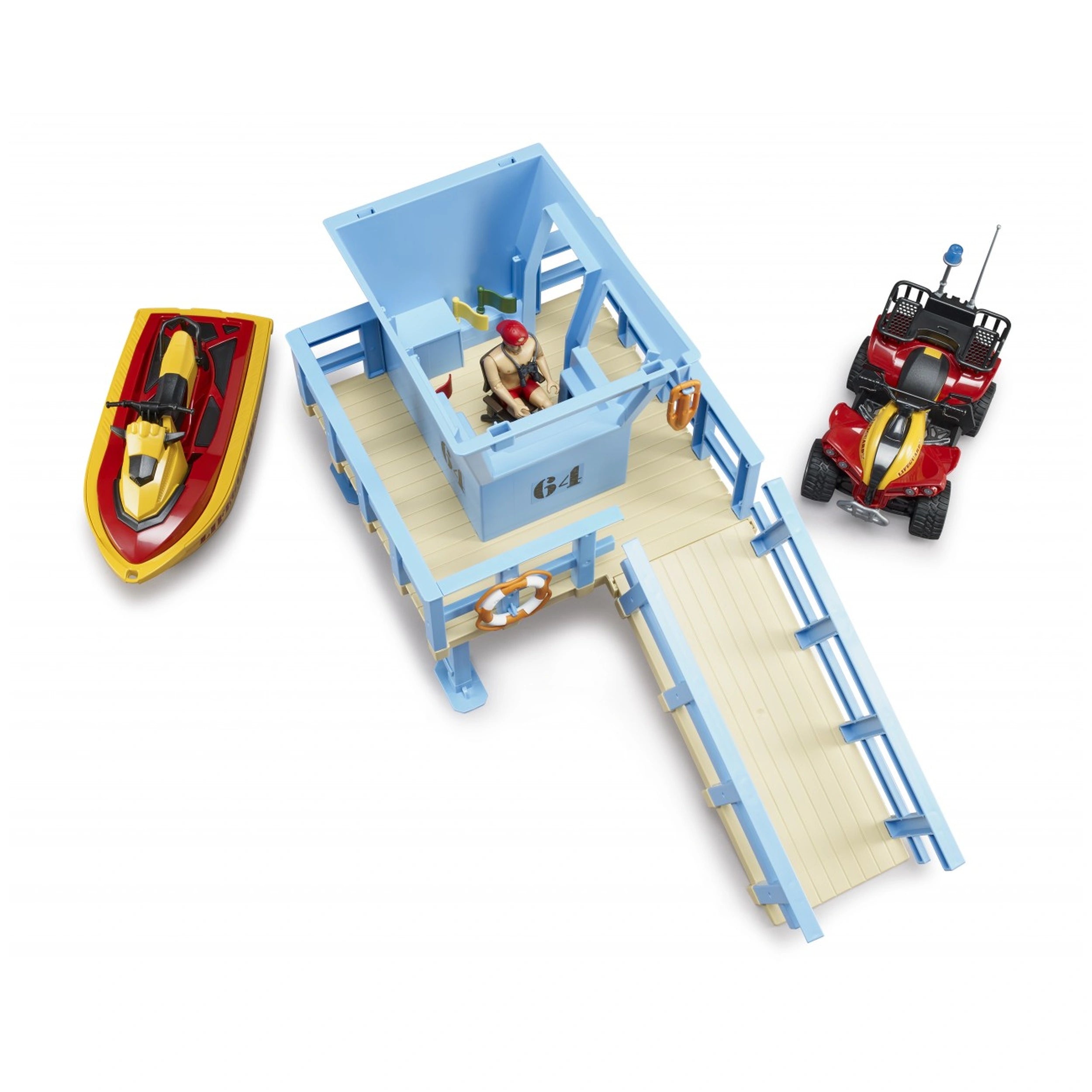 Blue lifeguard station with tower, red quad bike, and yellow-red personal watercraft. Includes lifeguard figure and rescue gear.