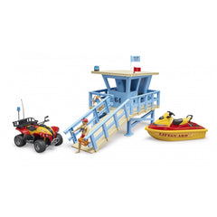 Lifeguard station playset with quad bike and yellow-red personal watercraft, featuring a lifeguard figure and equipment.
