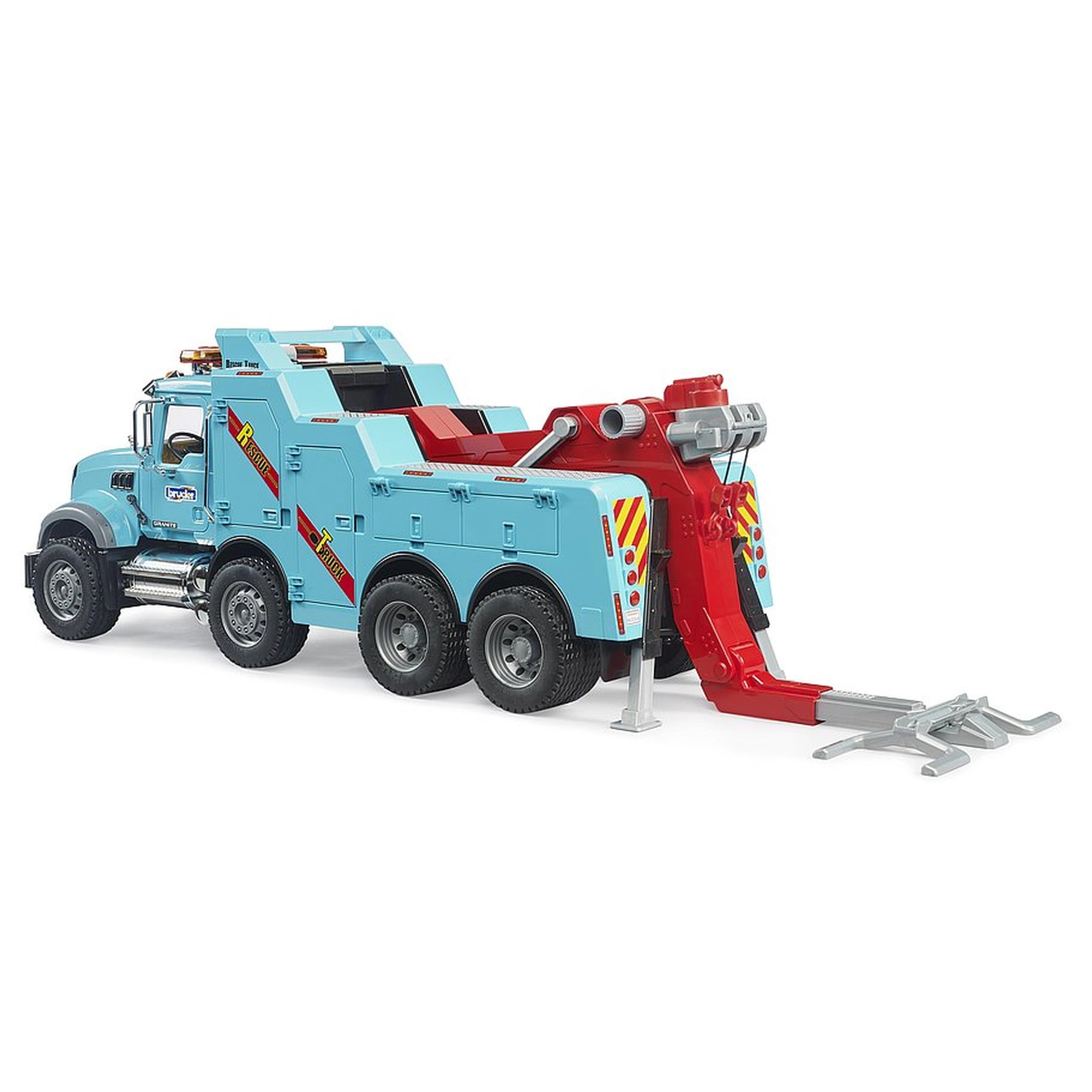 Blue and red toy MACK Granite recovery truck with six wheels, towing arm extended, designed by BRUDER for imaginative play.